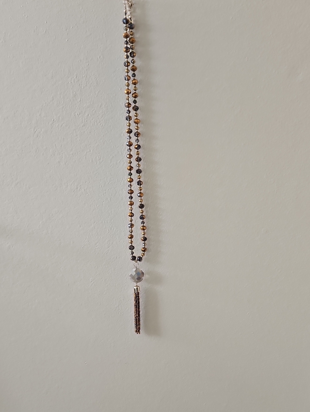 Beaded Tassel Pendant Necklace in Brown and Gold